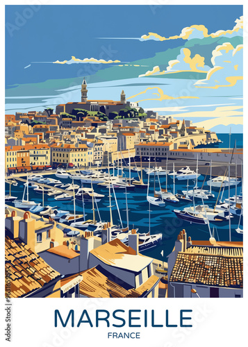 Marseille France Poster Illustration Travel Print Decor Gift Paper Canvas Wall Retro Art #963165955