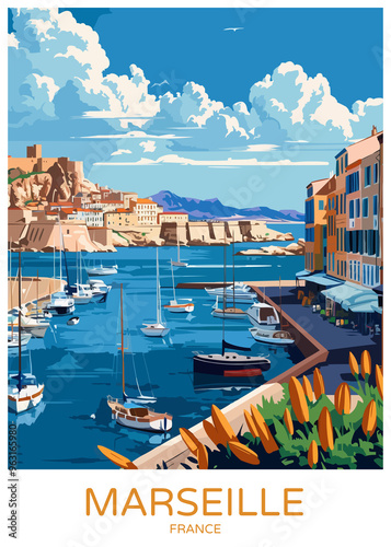 Marseille France Poster Illustration Travel Print Decor Gift Paper Canvas Wall Retro Art #963165980