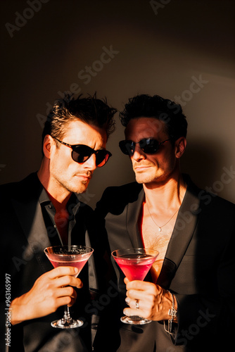 Two men in suits holding martinis and sunglasses