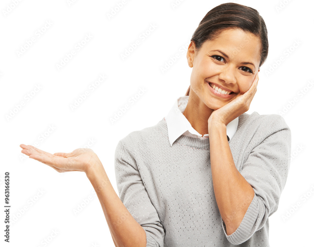 Portrait, woman and palm for choice in studio with promotion decision, opportunity news and advertising. Happy, female person and hand gesture of presentation, sign up and opinion on white background Portrait, woman and palm for choice in studio with promotion decision, opportunity news and advertising. Happy, female person and hand gesture of presentation, sign up and opinion on white background