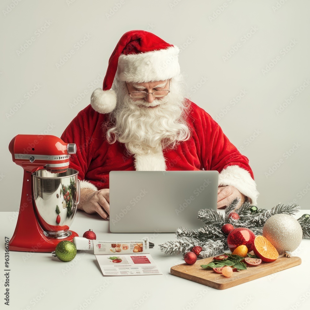 Naklejka premium Festive Santa Claus Working on Marketing Strategy Surrounded by Kitchen Equipment on White Background