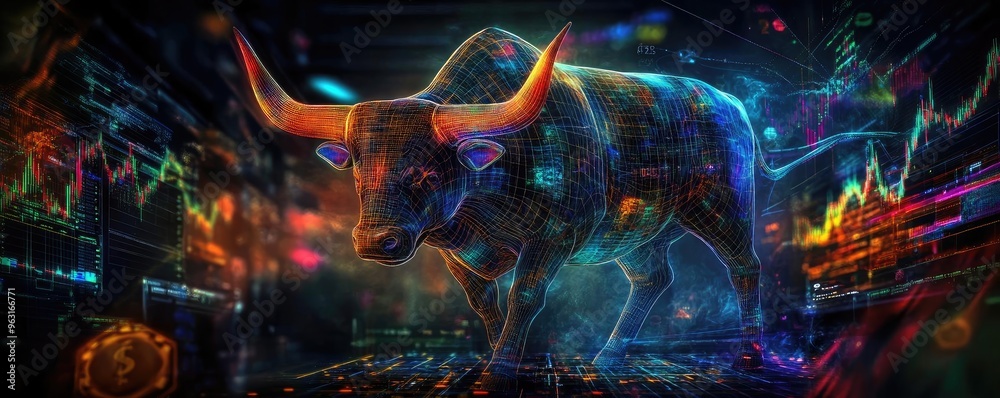 A vibrant digital bull symbolizing market growth, surrounded by colorful financial graphs and data, illustrating economic optimism. A vibrant digital bull symbolizing market growth, surrounded by colorful financial graphs and data, illustrating economic optimism.