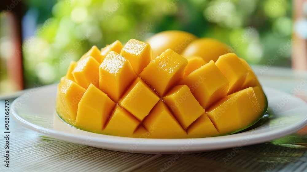 Fresh ripe mangoes sliced and arranged on a white plate, ready to be served on a sunny day. Fresh ripe mangoes sliced and arranged on a white plate, ready to be served on a sunny day.
