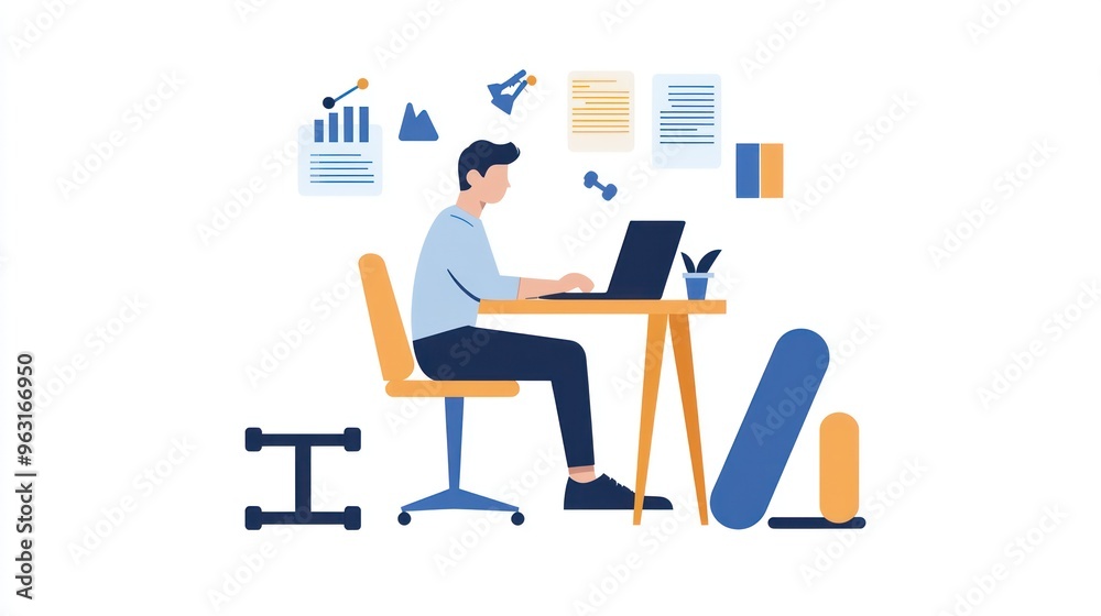 Multitasking Engineer: Working on Laptop Surrounded by Fitness Equipment and Marketing Materials on White Background Multitasking Engineer: Working on Laptop Surrounded by Fitness Equipment and Marketing Materials on White Background