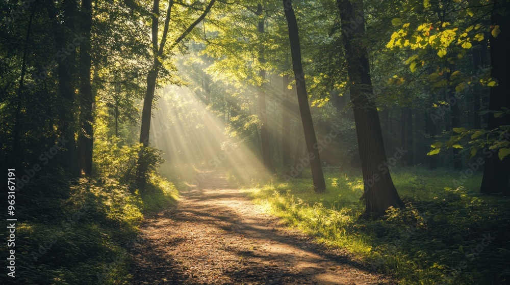 Fototapeta premium Sunbeams Through Forest Path