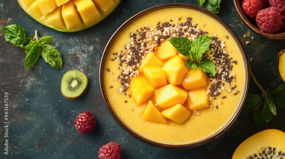 Mango chunks floating in a vibrant smoothie bowl, surrounded by tropical fruit garnishes. Mango chunks floating in a vibrant smoothie bowl, surrounded by tropical fruit garnishes.