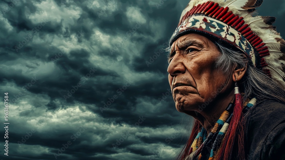 Portrait of a Native American Chief in Ceremonial Headdress Against a Dramatic Stormy Sky, Symbolizing Strength and Heritage Portrait of a Native American Chief in Ceremonial Headdress Against a Dramatic Stormy Sky, Symbolizing Strength and Heritage