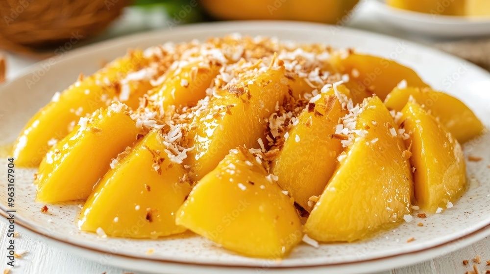 Mango chunks served with a drizzle of honey and sprinkled with toasted coconut on a white plate. Mango chunks served with a drizzle of honey and sprinkled with toasted coconut on a white plate.