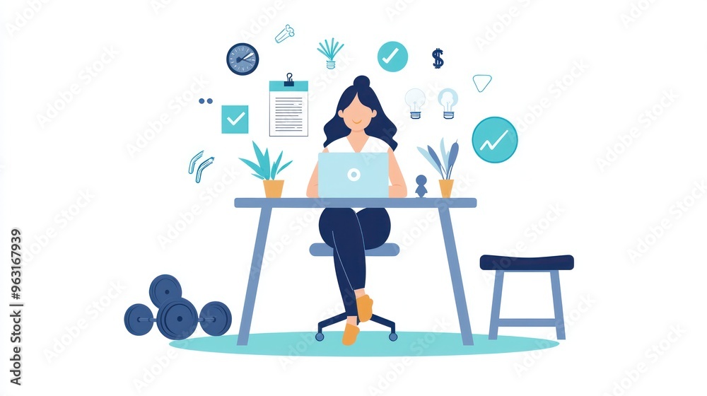 Fototapeta premium Productive Home Office Setup with Businessperson Working on Marketing Plans Amid Kitchen Items on White Background