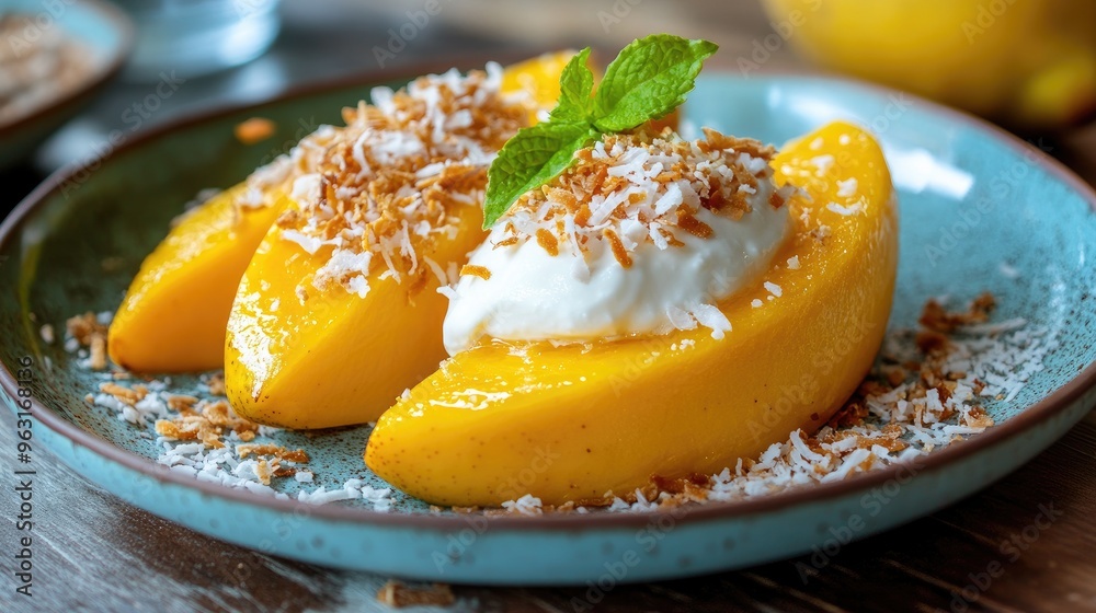 Mango halves served with a dollop of yogurt and sprinkled with coconut flakes.