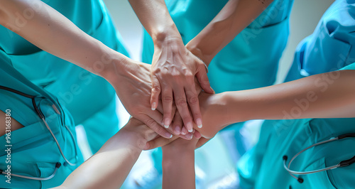 Top view teamwork or hands of doctors in stack with mission in collaboration for healthcare support. Medical team stacking hands against.