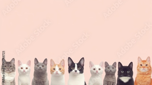Group of adorable cats of various breeds sitting in a row at the bottom of a pastel pink horizontal background. Perfect mockup for pet care, veterinary services, or animal shelter advertisement.