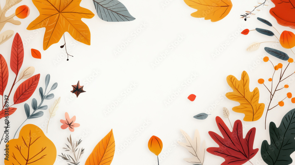 Autumnal flat lay frame with pumpkins and colorful leaves on white background Autumnal flat lay frame with pumpkins and colorful leaves on white background