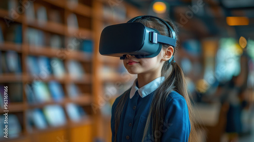 VR Classroom Experience, A school student wearing a VR headset interacts with AI technology and blue holograms for an innovative learning experience in the classroom