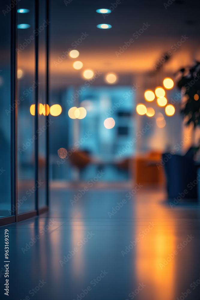 Office Interior, A soft-focus image of an empty office space, showcasing blurred lights that create a calm and modern workspace atmosphere Office Interior, A soft-focus image of an empty office space, showcasing blurred lights that create a calm and modern workspace atmosphere