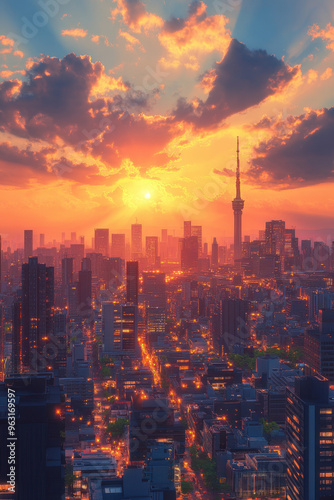 Wallpaper Mural City Skyline,  A stunning city skyline at sunset, with tall buildings glowing in golden light, symbolizing the aspirations and opportunities of modern urban life Torontodigital.ca