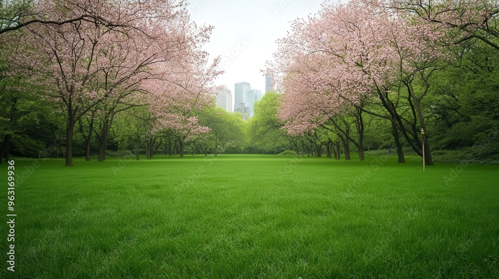 A serene park scene featuring blooming cherry trees, lush green grass, and a city skyline in the background, perfect for relaxation. A serene park scene featuring blooming cherry trees, lush green grass, and a city skyline in the background, perfect for relaxation.