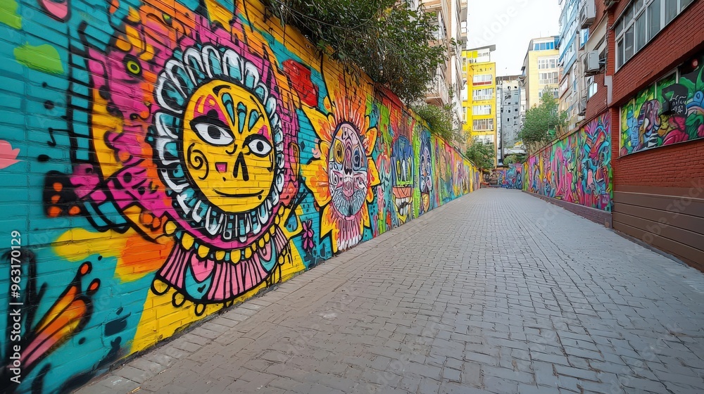 Naklejka premium Vibrant street art mural showcasing colorful designs and artistic expressions on a city wall in an urban setting.