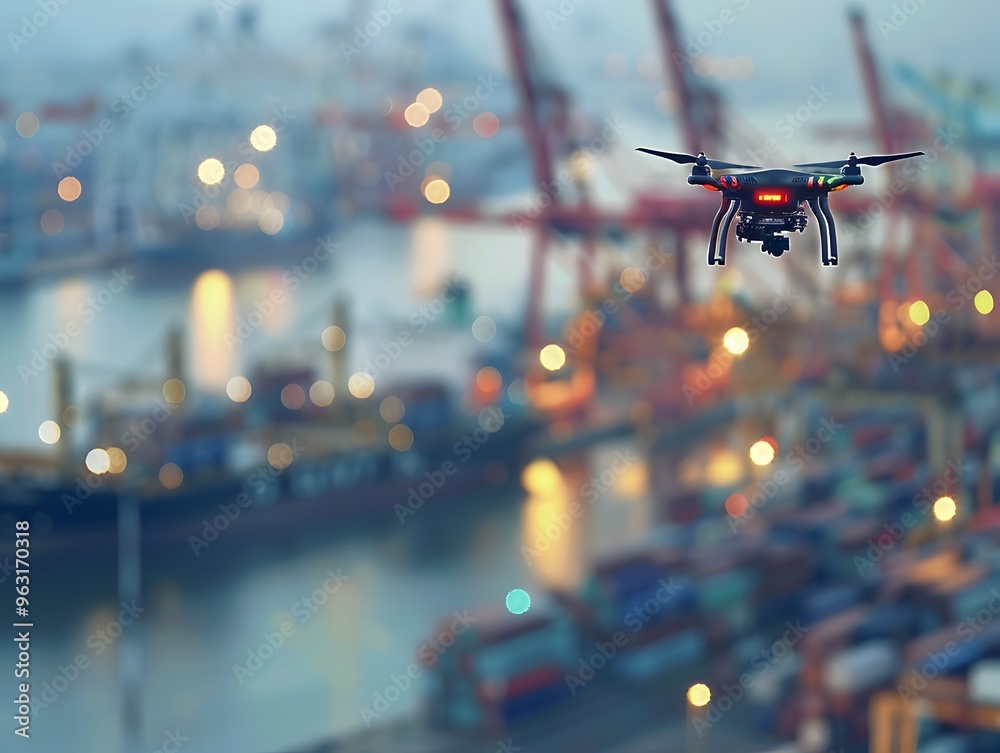 Drone Hovering Over Illuminated Cargo Port At Night With Blurred Motion Drone Hovering Over Illuminated Cargo Port At Night With Blurred Motion