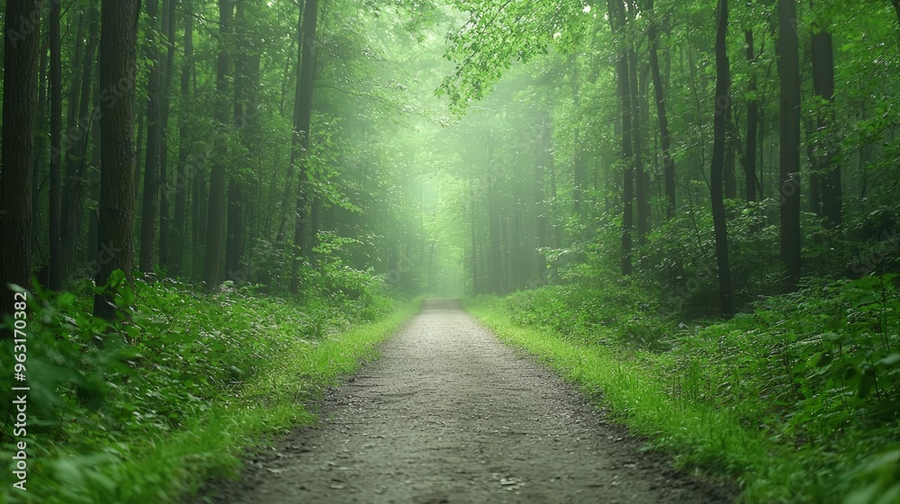 Obraz premium A serene forest path leads through lush greenery, inviting exploration and connection with nature in a tranquil setting.