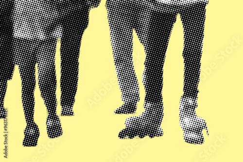 close up of people legs walking and roller skates pixelate color halftone dotted texture style collage element isolated on yellow background