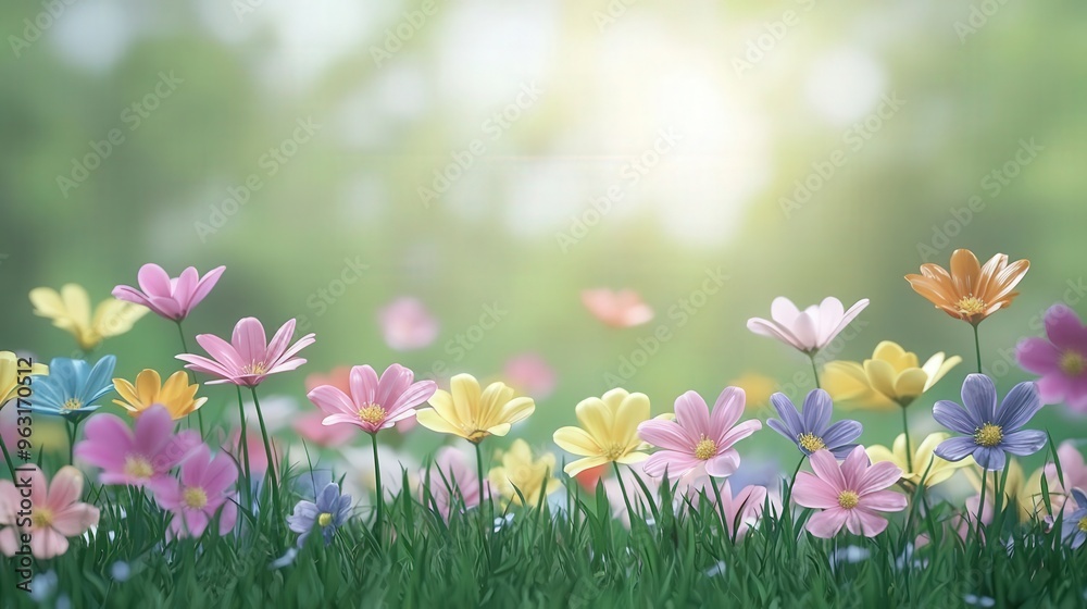 Obraz premium A serene floral landscape featuring colorful flowers swaying gently amidst soft sunlight and lush green grass.