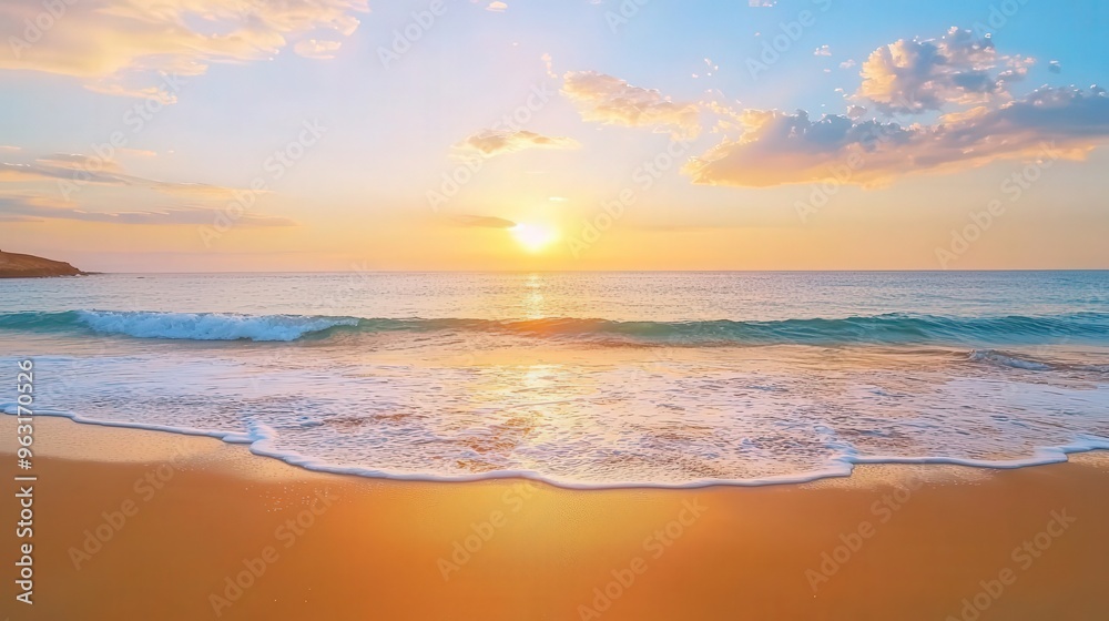 A serene beach sunset with gentle waves lapping at the golden sand under a colorful sky. A serene beach sunset with gentle waves lapping at the golden sand under a colorful sky.