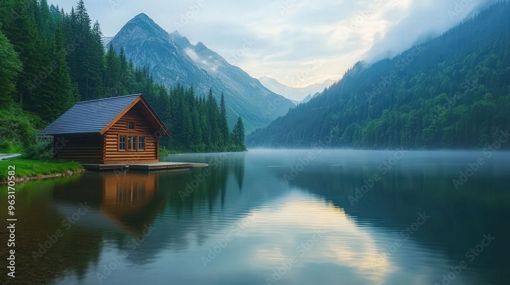 Serene lake view with a wooden cabin surrounded by lush mountains and mist, creating a peaceful nature scene. Serene lake view with a wooden cabin surrounded by lush mountains and mist, creating a peaceful nature scene.