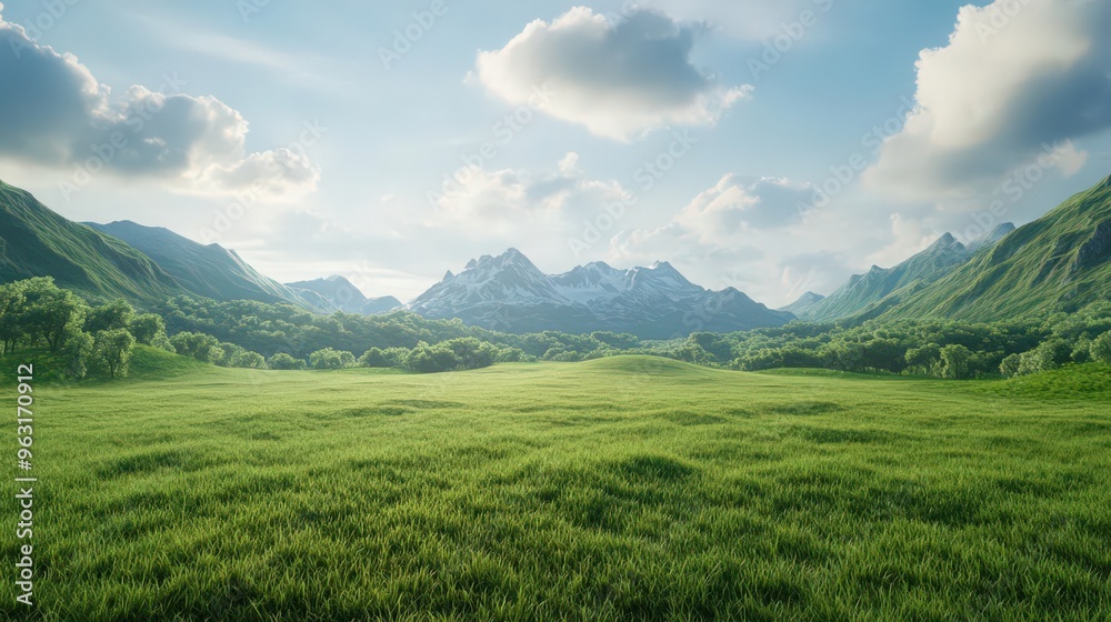 Fototapeta premium Breathtaking landscape featuring lush green fields and majestic mountains under a blue sky dotted with fluffy clouds.