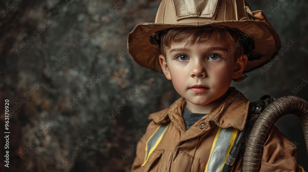 Young boy dressed as a cardboard firefighter holding a hose on a monochromatic background Young boy dressed as a cardboard firefighter holding a hose on a monochromatic background