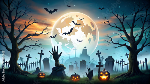 Halloween cemetery landscape with zombie hands and tombstones