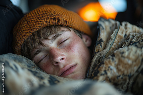 teen boy sleeps on a sofa wearing hat 