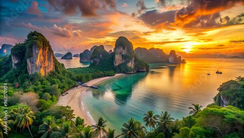 Panorama of Railey Beach at sunset