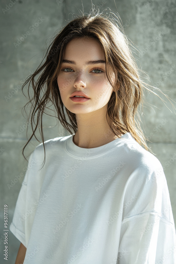 Oversized tshirt mockup, Female model wearing a white oversized tshirt, bright cement wall background Oversized tshirt mockup, Female model wearing a white oversized tshirt, bright cement wall background