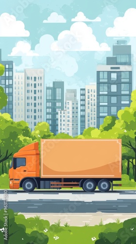 Vector flat illustration of an orange cargo truck driving on a city road with high-rise buildings in the background. Concept of urban delivery, freight transport, and logistic services.
