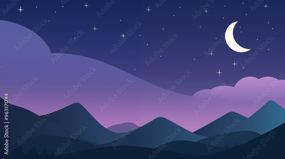 Night Sky With Crescent Moon And Distant Mountain Silhouettes Night Sky With Crescent Moon And Distant Mountain Silhouettes