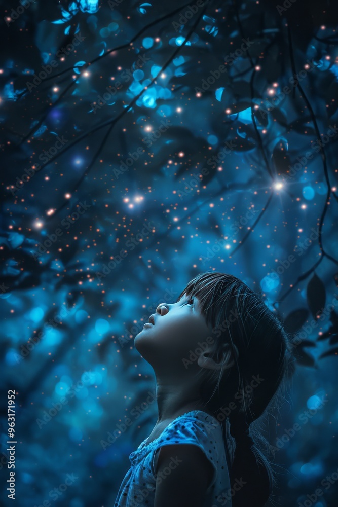 photo of a young girl, filled with enthusiasm, gazing up at a starry night sky, capturing wonder photo of a young girl, filled with enthusiasm, gazing up at a starry night sky, capturing wonder