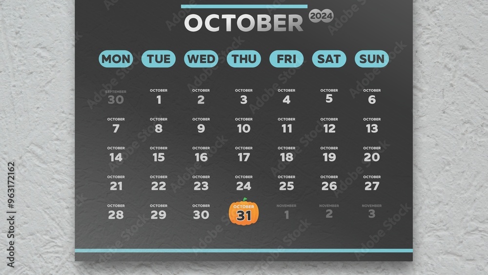 Close-up of a nice black October page of the calendar 2024 with the date of Halloween marked on it Close-up of a nice black October page of the calendar 2024 with the date of Halloween marked on it