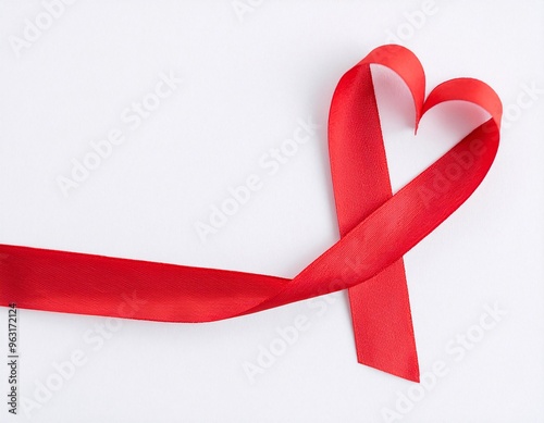 The red ribbon forms a stylish and love symbol on a white background, highlighting the romantic and elegant design.generative ai photo