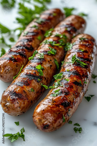 Grilled Sausages, Succulent grilled sausages topped with fresh herbs on a light backdrop, perfect for showcasing delicious outdoor meals and barbecues