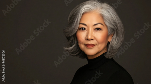 Confident and elegant mature asian woman with grey hair posing against a grey background photo