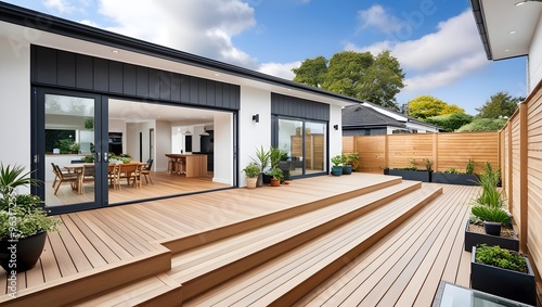  Outdoor Patio with Wooden Deck and Large Windows 
