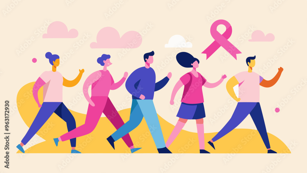 People participating in breast cancer awareness walks, Awareness Walk Illustrations, Charity Event, People Supporting Cancer Awareness People participating in breast cancer awareness walks, Awareness Walk Illustrations, Charity Event, People Supporting Cancer Awareness