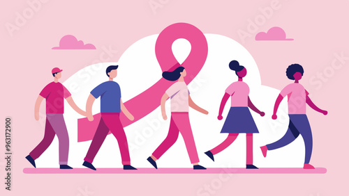 People participating in breast cancer awareness walks, Awareness Walk Illustrations, Charity Event, People Supporting Cancer Awareness