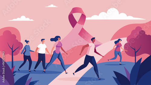 People participating in breast cancer awareness walks, Awareness Walk Illustrations, Charity Event, People Supporting Cancer Awareness