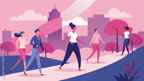 People participating in breast cancer awareness walks, Awareness Walk Illustrations, Charity Event, People Supporting Cancer Awareness