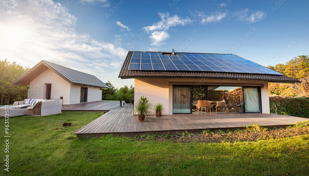 A house with a large solar panel on the roof A house with a large solar panel on the roof