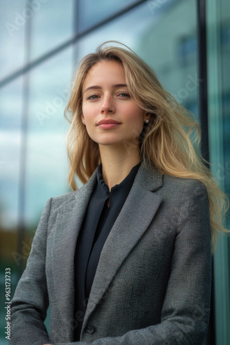 Businesswoman Success, A confident businesswoman standing outside a contemporary office building, showcasing her professional achievements and success in her career