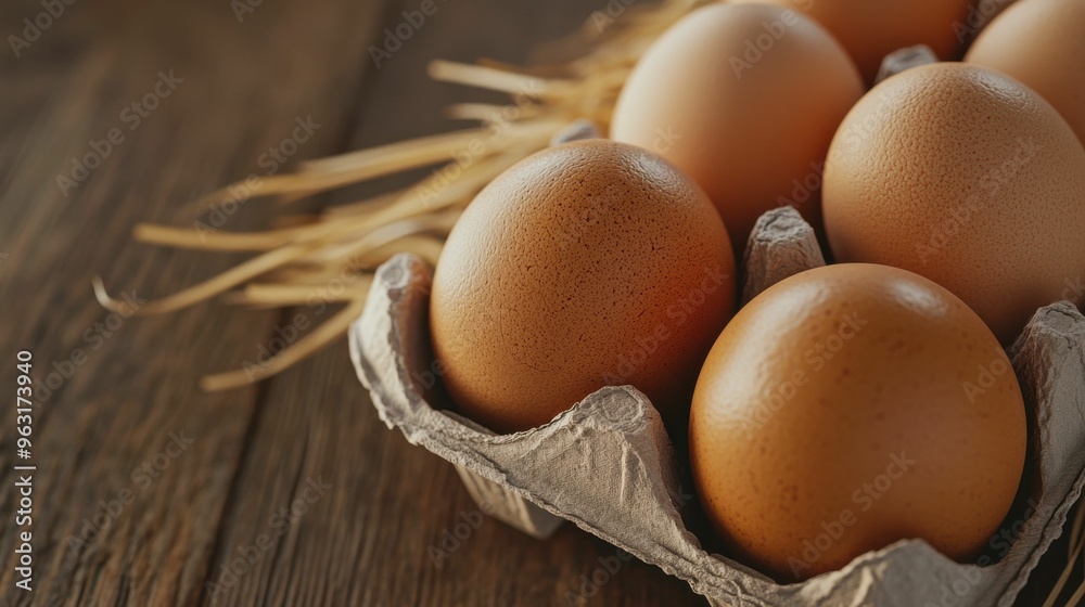 Five brown eggs arranged in a cardboard carton placed on a wooden surface, surrounded by straw, highlighting a rustic, farm-fresh setting.. Five brown eggs arranged in a cardboard carton placed on a wooden surface, surrounded by straw, highlighting a rustic, farm-fresh setting..