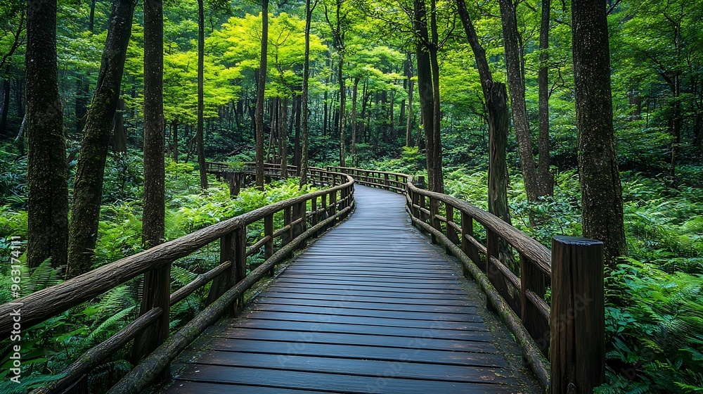 Beautiful view of boardwalks through the green forest at Alishan Forest Recreation Area in Chiayi Taiwan : Generative AI Beautiful view of boardwalks through the green forest at Alishan Forest Recreation Area in Chiayi Taiwan : Generative AI